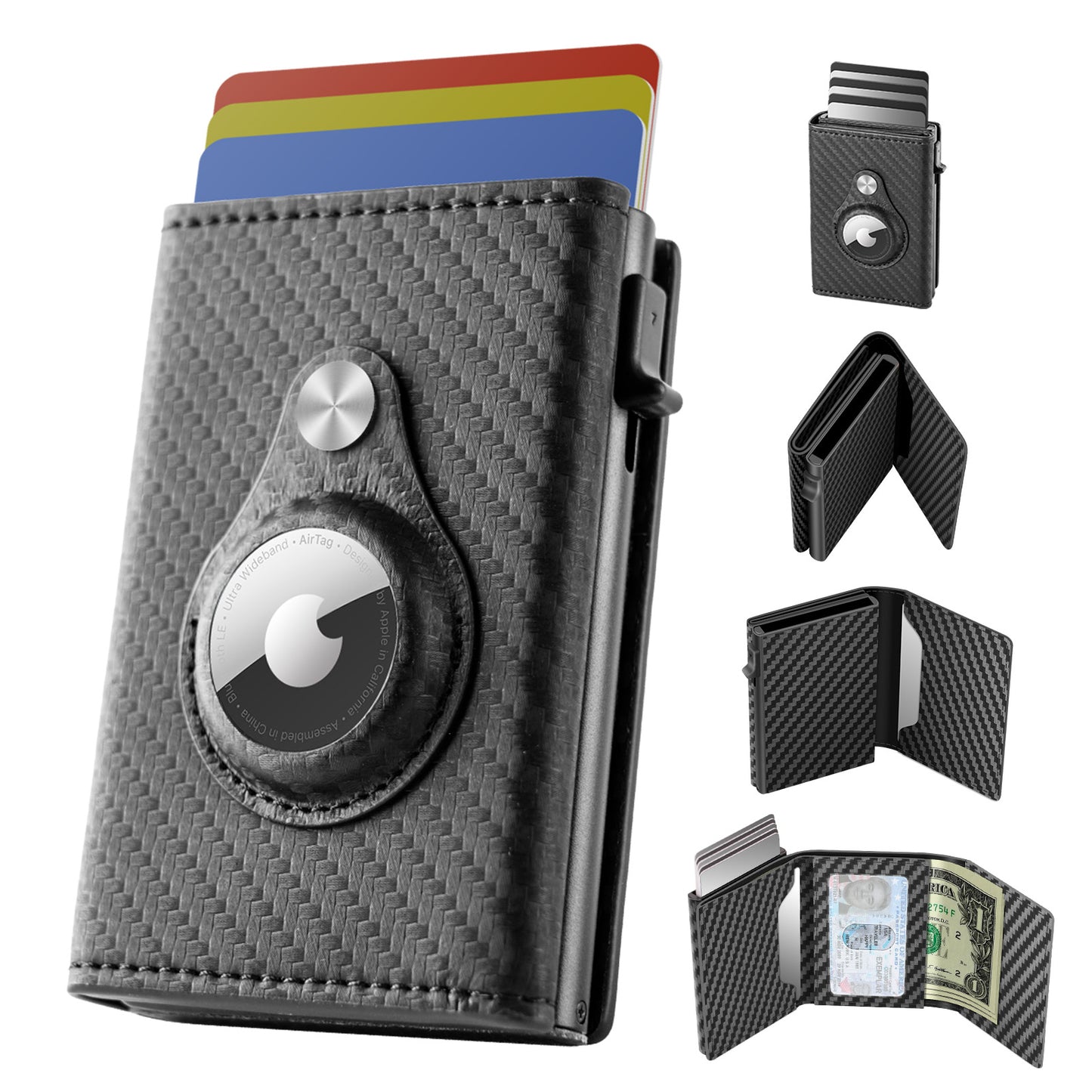 Pop Up Wallet for Credit Card Holder Compatible with Apple Air Tag - Smart Airtag Wallet for Men with ID Window and 12-15 Cards Capacity, RFID Blocking, Front Pocket, Cash Slot,Carbon Fiber Leather