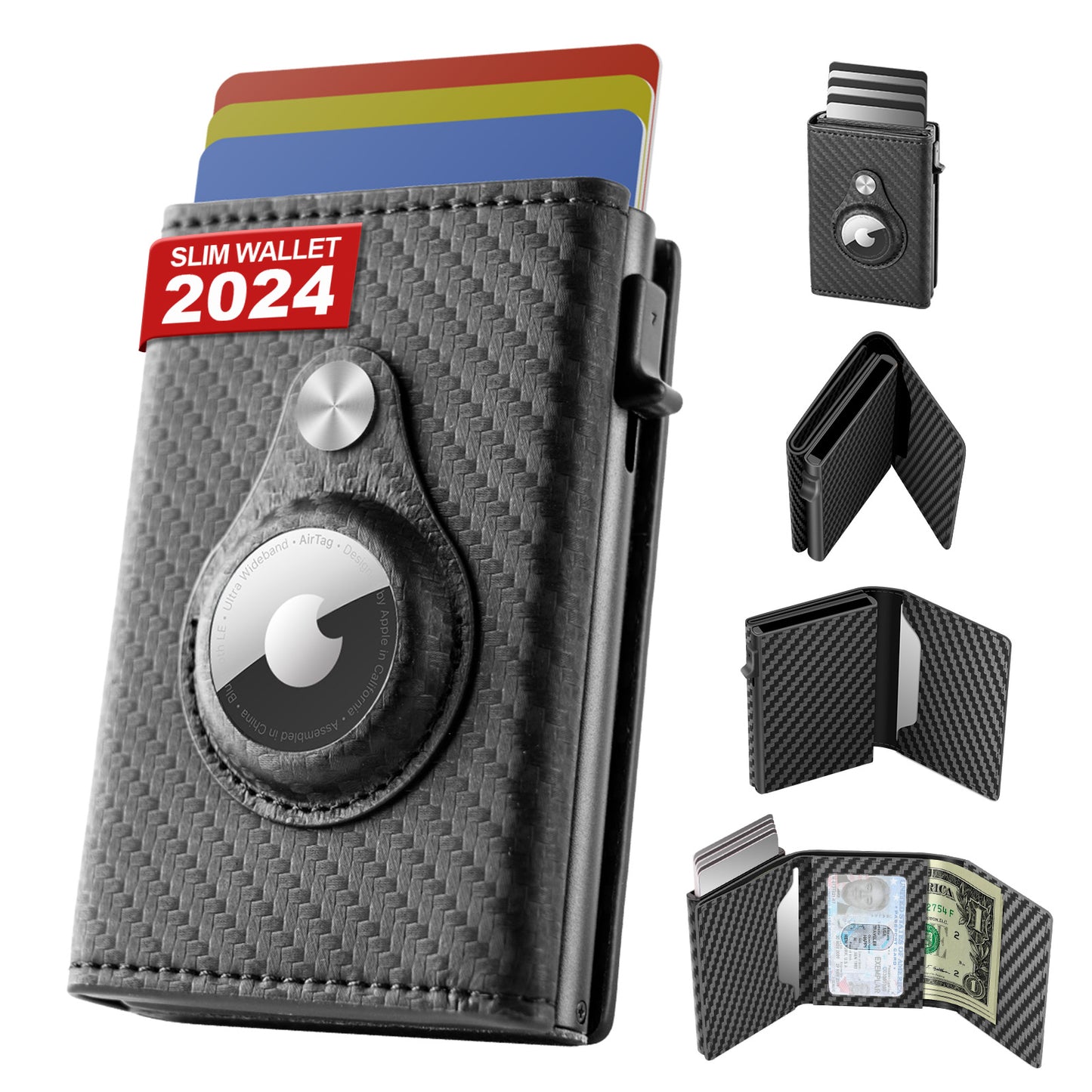 Pop Up Wallet for Credit Card Holder Compatible with Apple Air Tag - Smart Airtag Wallet for Men with ID Window and 12-15 Cards Capacity, RFID Blocking, Front Pocket, Cash Slot,Carbon Fiber Leather